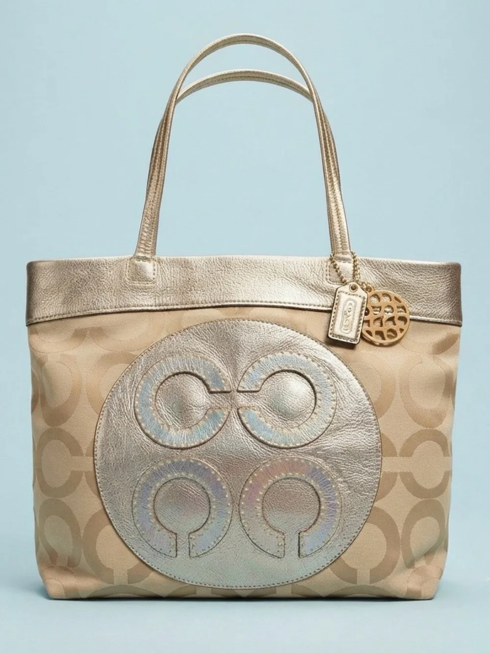 Coach 15013 Julia Op Art Metallic Gold Logo Jacquard & Leather Shoulder Tote Bag